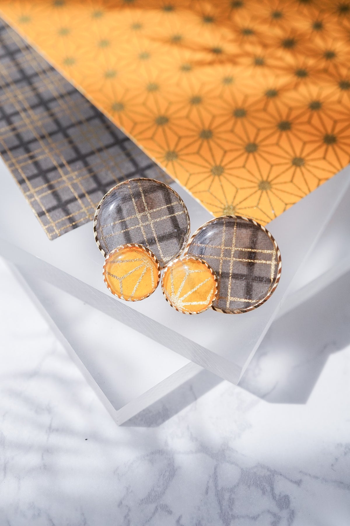 Kumi Circle Earrings - Double Stripe Grid (Charcoal)