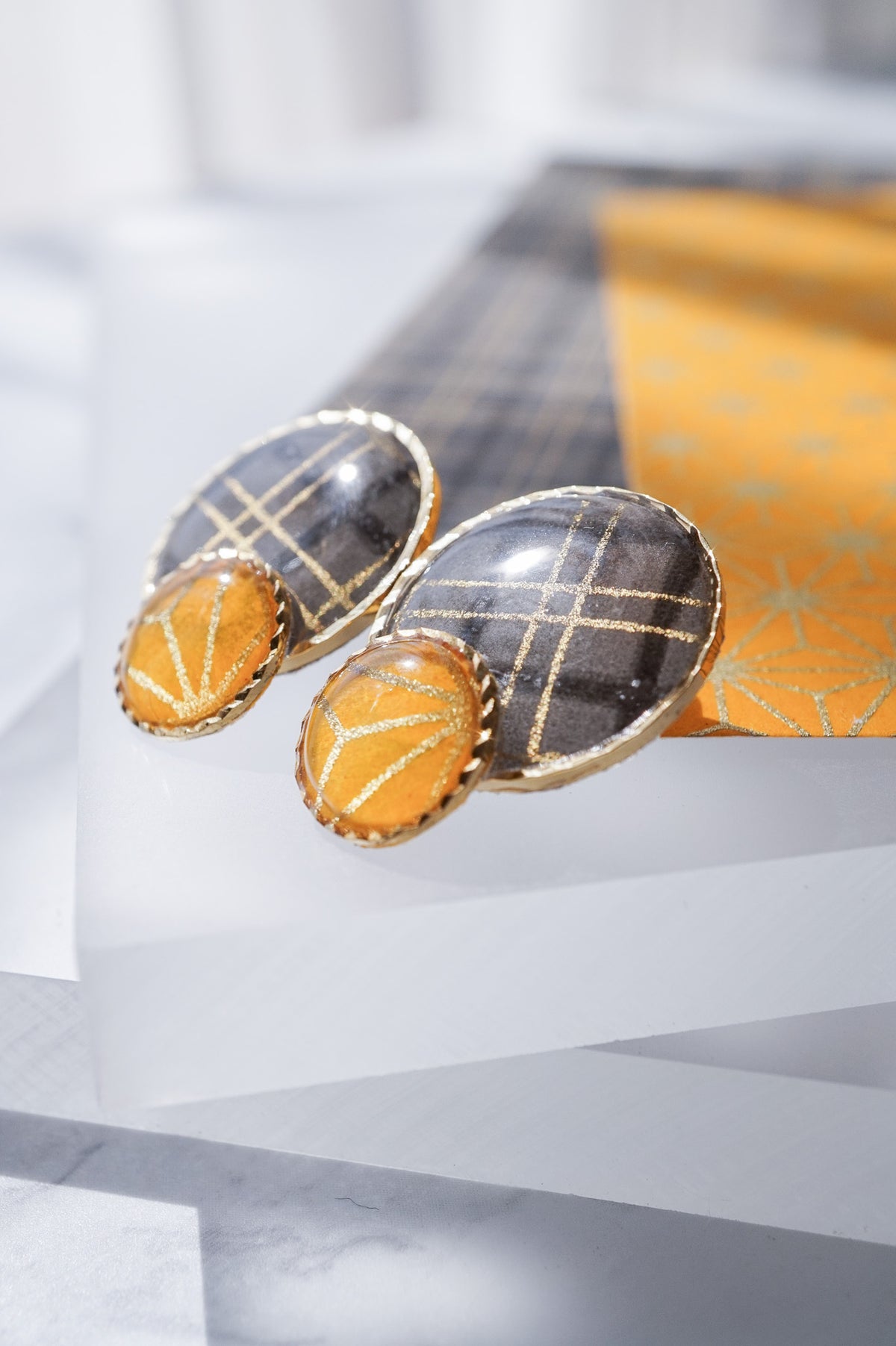Kumi Circle Earrings - Double Stripe Grid (Charcoal)