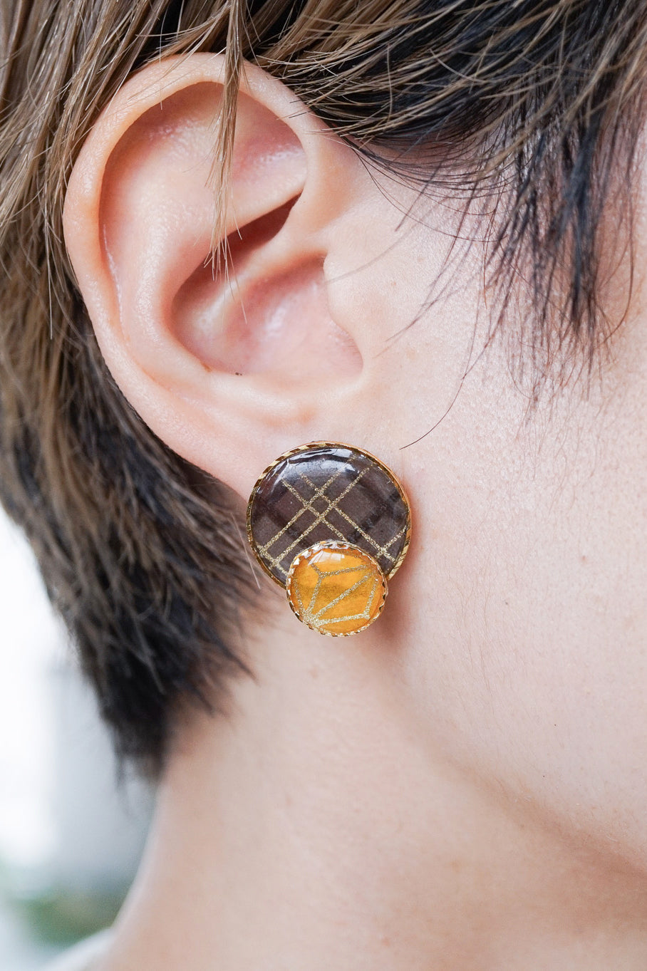 Kumi Circle Earrings - Double Stripe Grid (Charcoal)