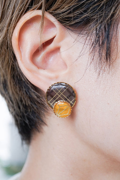 Kumi Circle Earrings - Double Stripe Grid (Charcoal)