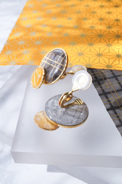 Kumi Circle Earrings - Double Stripe Grid (Charcoal)