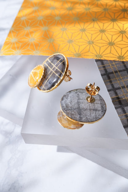 Kumi Circle Earrings - Double Stripe Grid (Charcoal)